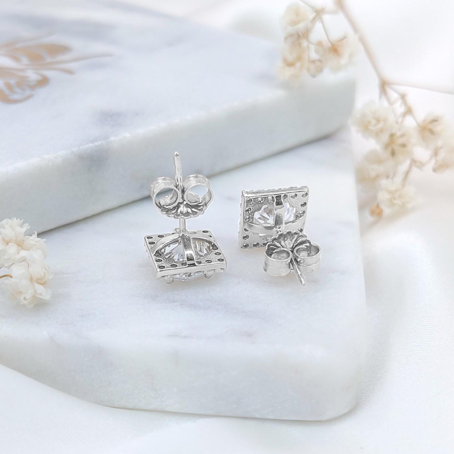 Square Halo Earrings - 925 Sterling Silver