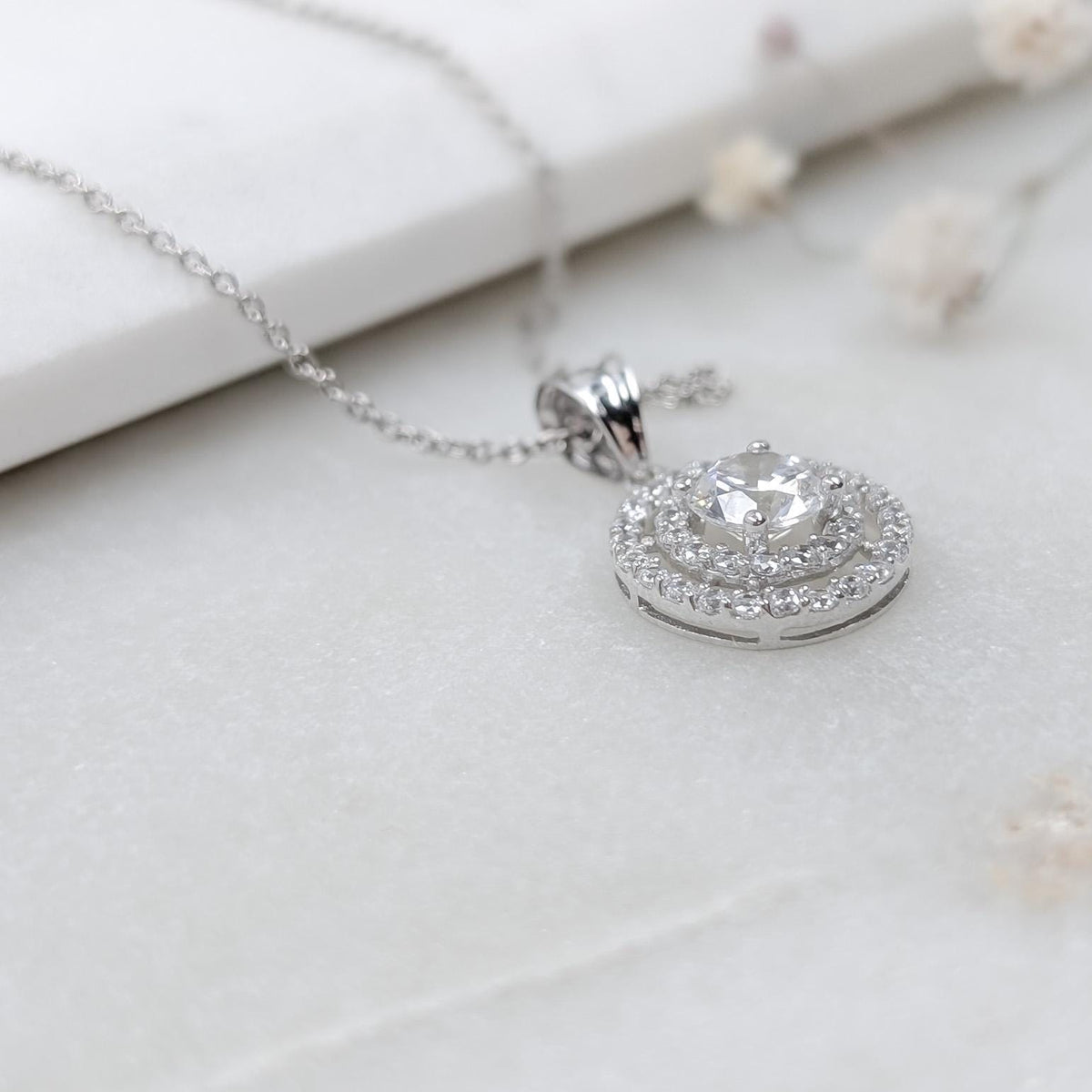 Double Pavé Halo Pendant - .925 Sterling Silver