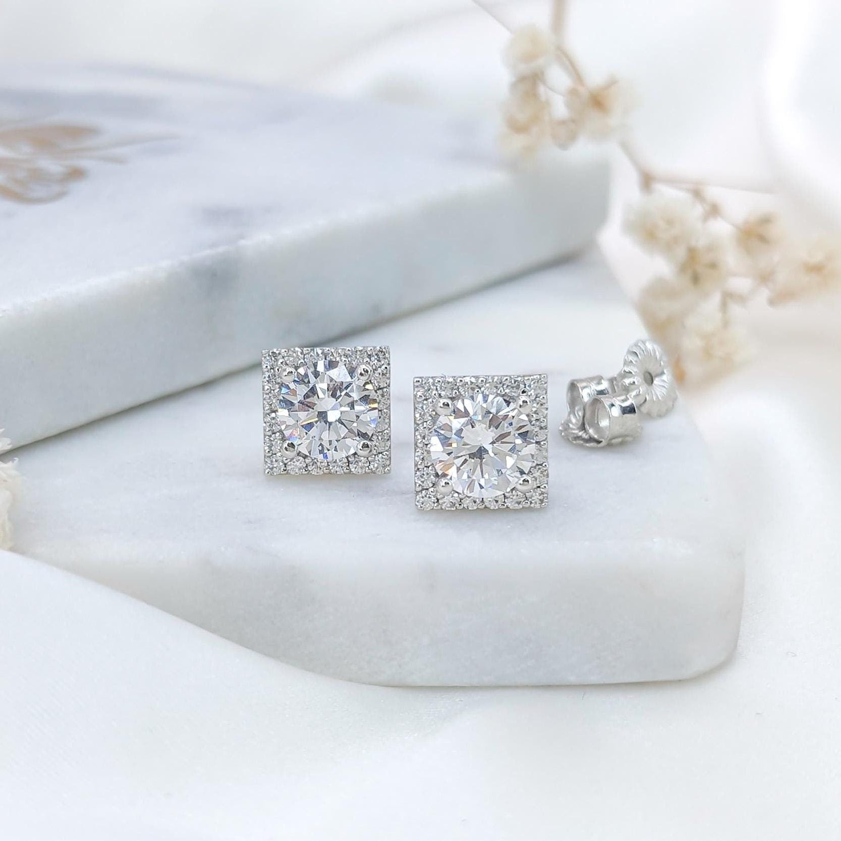 Square Halo Earrings - 925 Sterling Silver