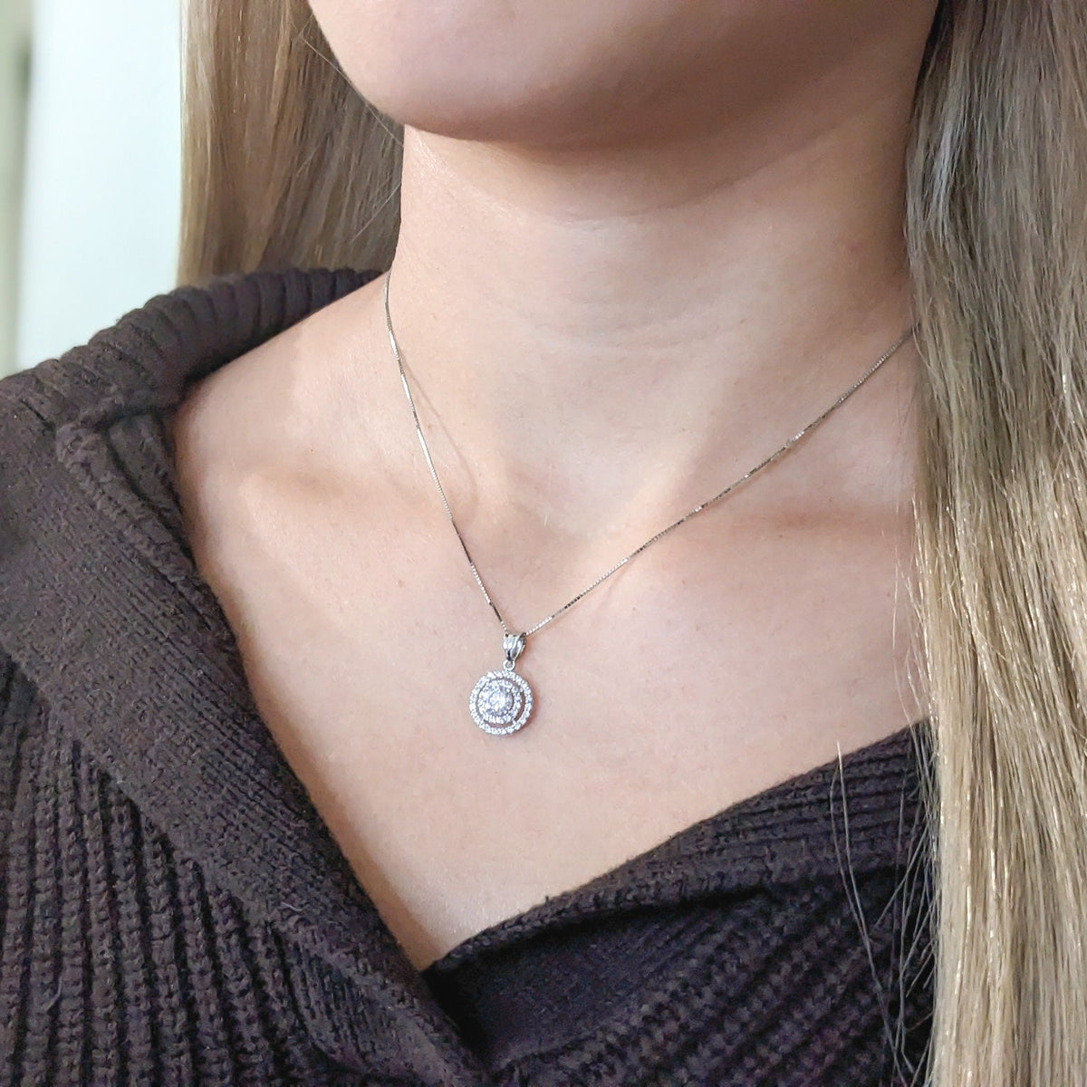 Double Pavé Halo Pendant - .925 Sterling Silver