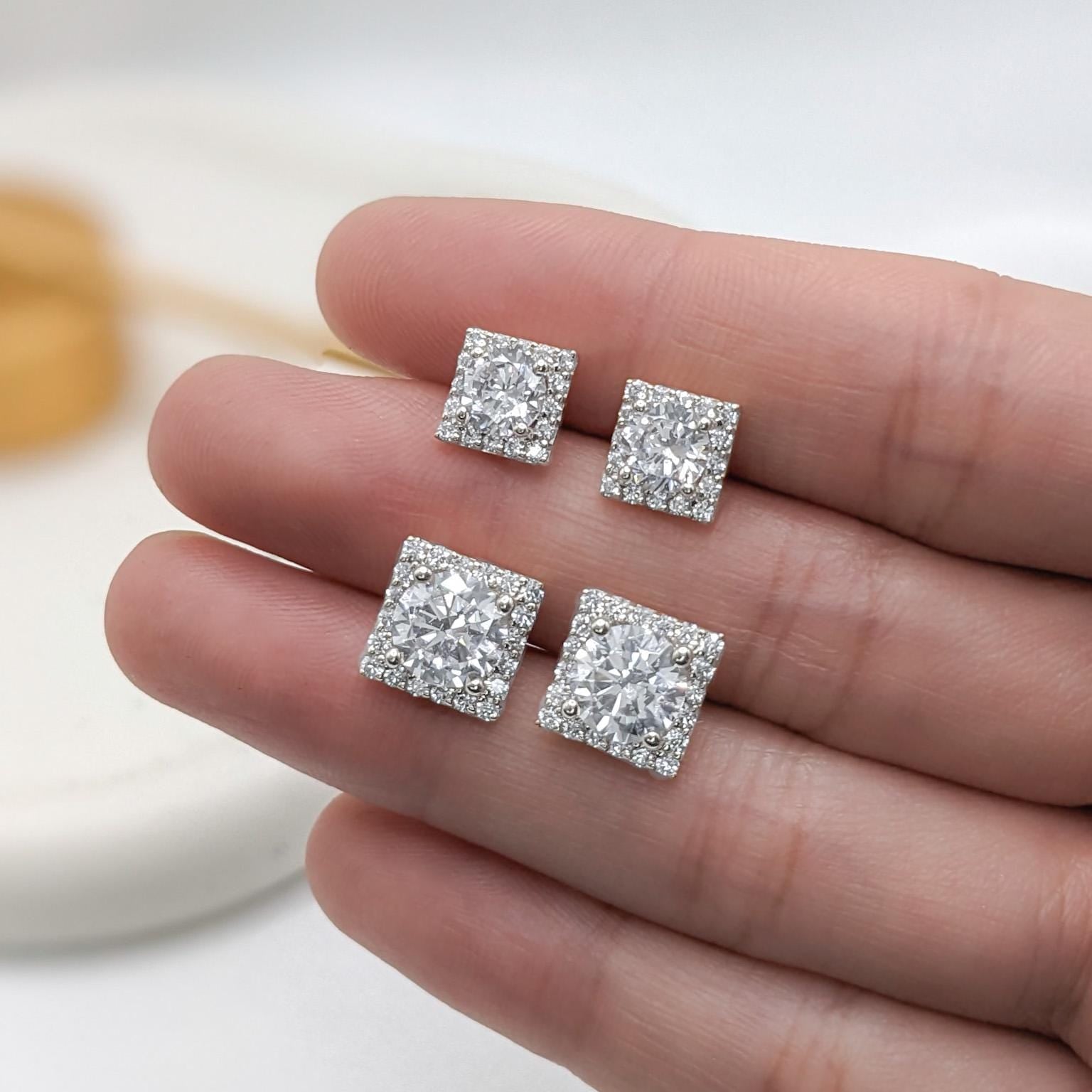 Square Halo Earrings -  925 Sterling Silver