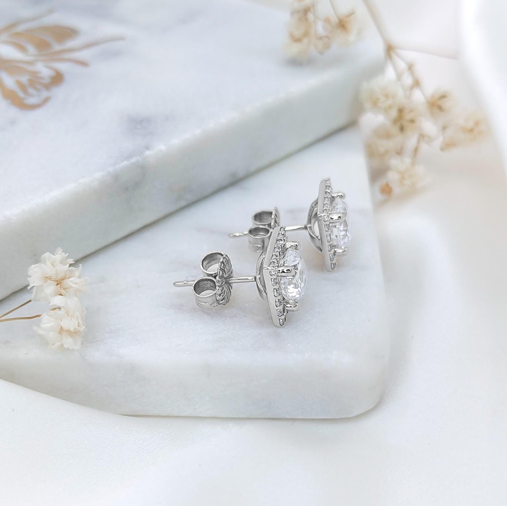 Square Halo Earrings -  925 Sterling Silver
