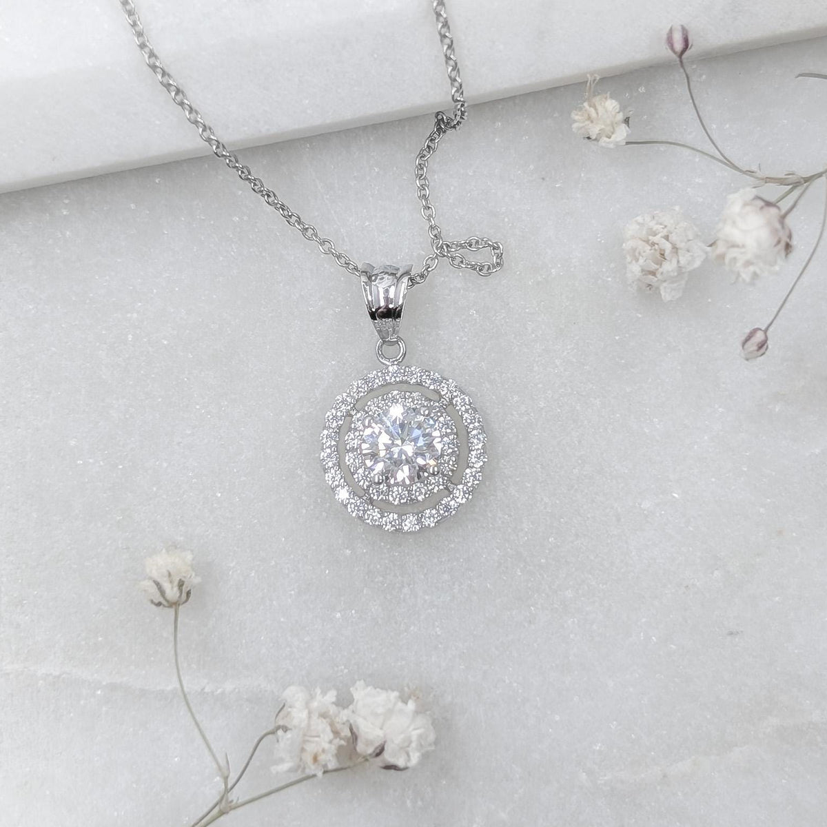 Double Pavé Halo Pendant - .925 Sterling Silver